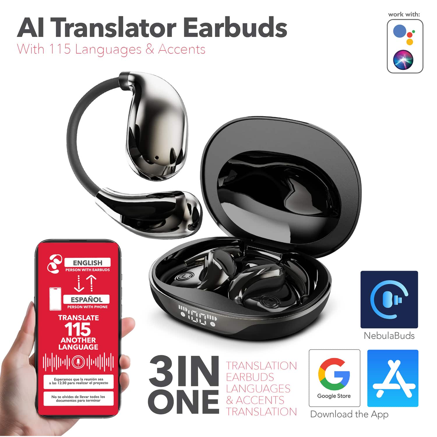 RCA WAVE 88 AI Translator TWS Bluetooth Open Ear Earbuds, Mics, On