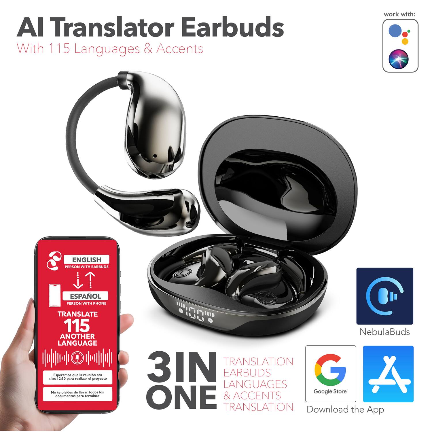 AI Translator Earbuds With 115 Languages & Accents work with: ENGLISH PERSON WITH EARBUUDS ESPAÑOL PERSON WITH PHONE TRANSLATE 115 ANOTHER LANGUAGE Esperamos que la reunión sea a las 12:30 para realizar el proyecto No se olvide de subir los documentos para terminar LILIIO NebulaBuds TRANSLATION 3IN ONE EARBUDS G A LANGUAGES Google Store ONE & ACCENTS TRANSLATION Download the App