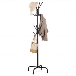 Costway - Freestanding Metal Coat Rack with 16 Hooks, 4-Leg Base & Adjustable Foot Pads - Black