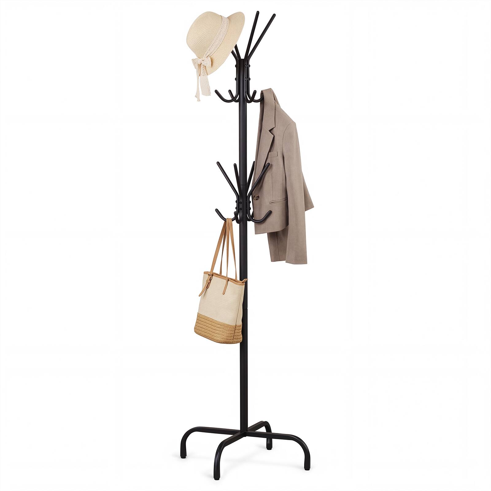 Front. Costway - Costway Freestanding Metal Coat Rack with 16 Hooks, 4-Leg Base & Adjustable Foot Pads - Black.