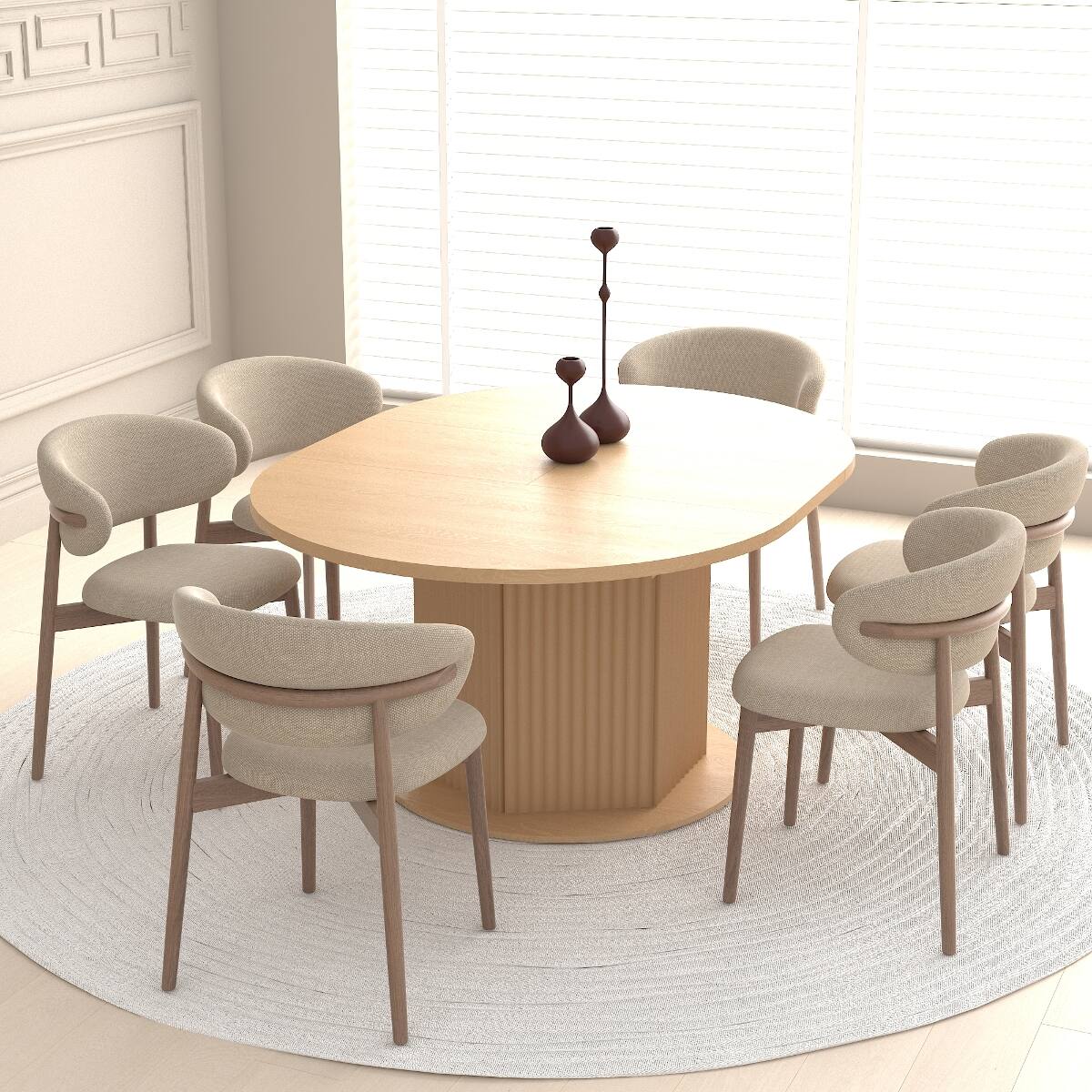 Back. Loheer - Loheer Extendable Round Dining Table for Six, Light Brown Wood Table with Textured Base - Light Brown.