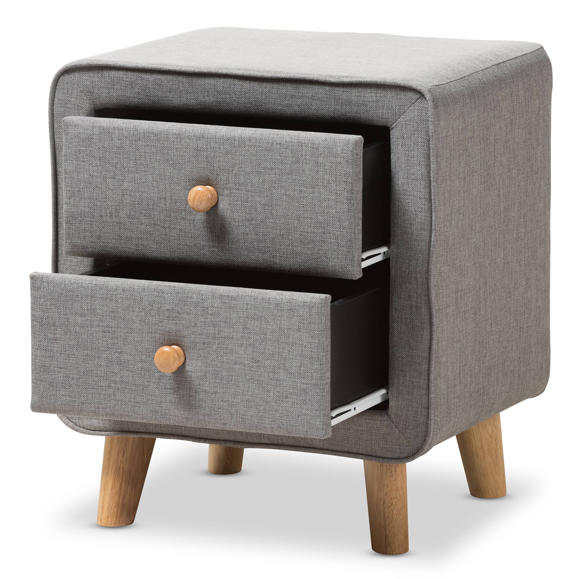 Back. Baxton Studio - Jonesy Mid-Century Fabric Upholstered 2-Drawer Nightstand - Grey.