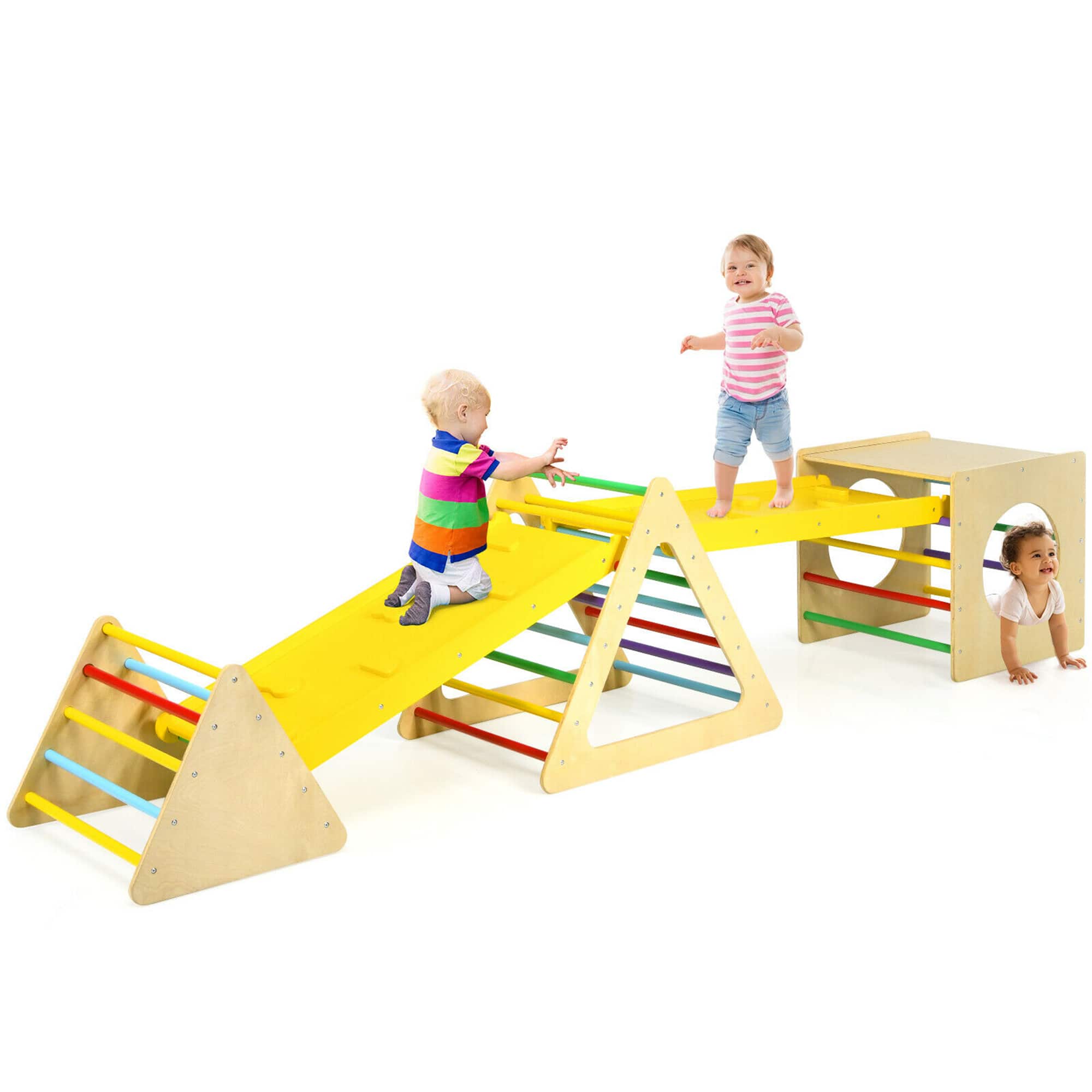 Gymax - 5 in 1 Toddler Playing Set Kids Climbing Triangle & Cube Play Equipment - Beige