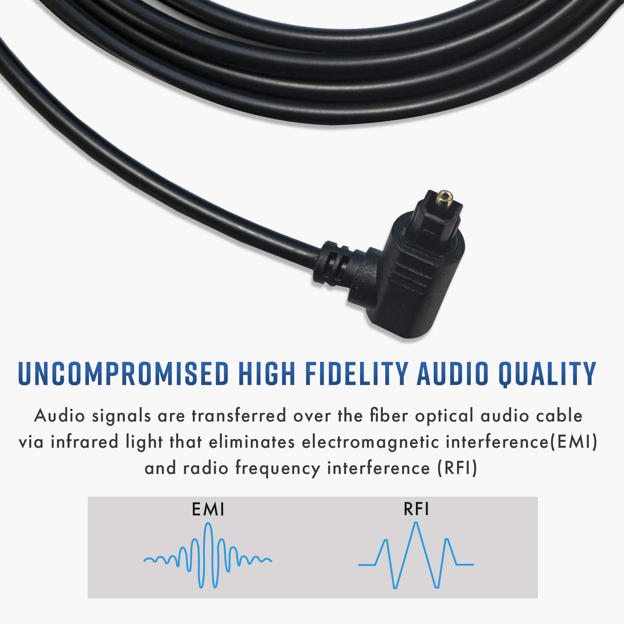 UNCOMPROMISED HIGH FIDELITY AUDIO QUALITY
Audio signals are transferred over the fiber optical audio cable via infrared light that eliminates electromagnetic interference (EMI) and radio frequency interference (RFI)
EMI
RFI
