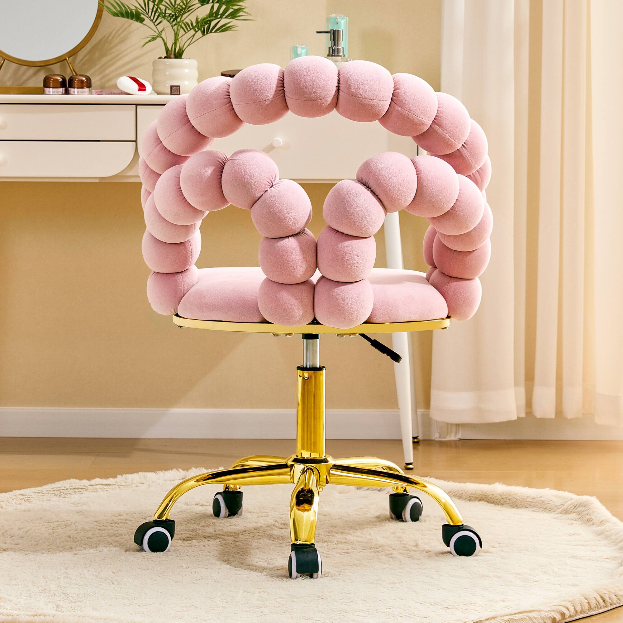 Back. Loheer - Loheer- Vanity Chair Pink Velvet Bubble Swivel Rolling Makeup Chair for Bedroom Home Office with Gold Base 2 ft - Gold,Pink.