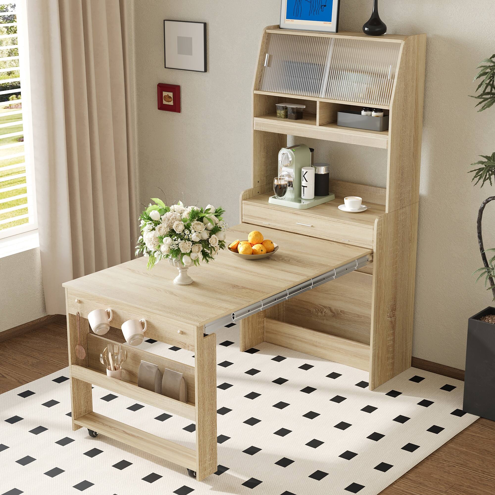 Angle. Spaco - Spaco Space Saving Buffet with Hutch, Foldable Dining Table and Storage Shelves, for Studio Apartment Small Spaces - Natural.