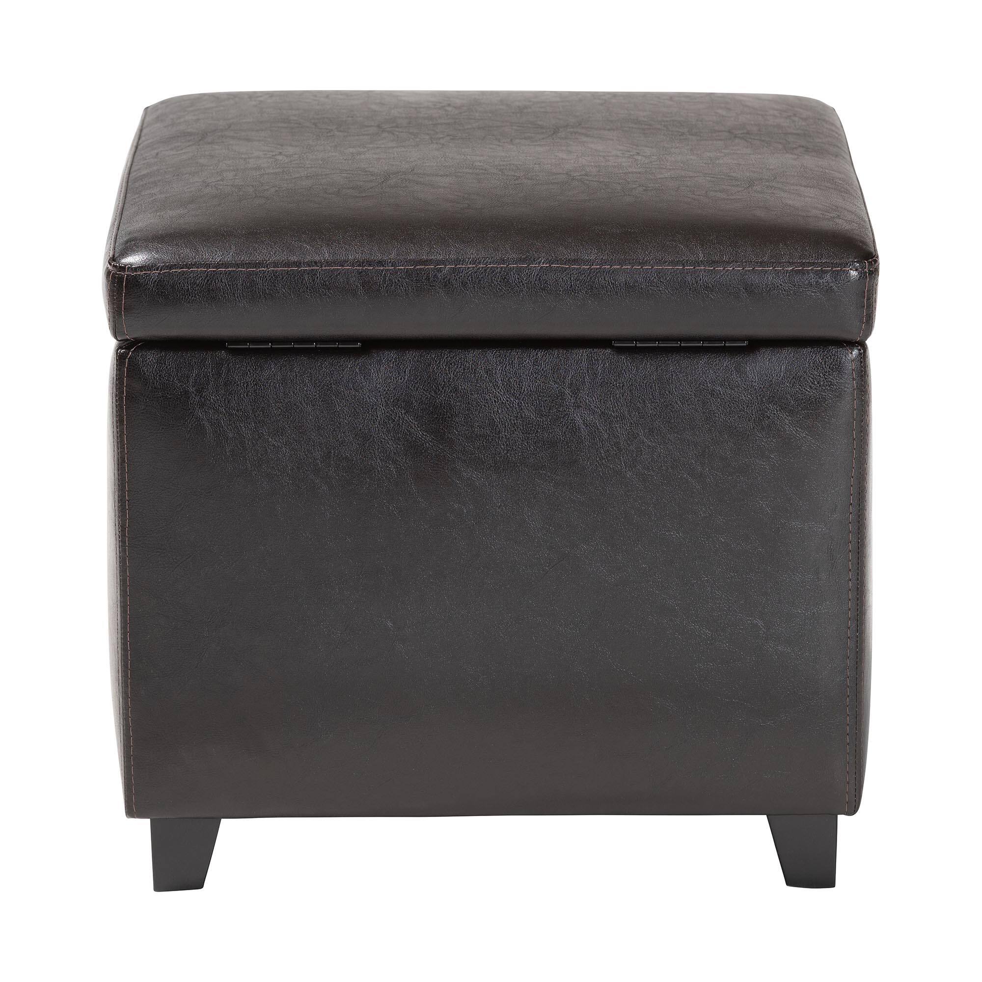 Back. Baxton Studio - Full Leather Small Storage Cube Ottoman - Dark Brown.