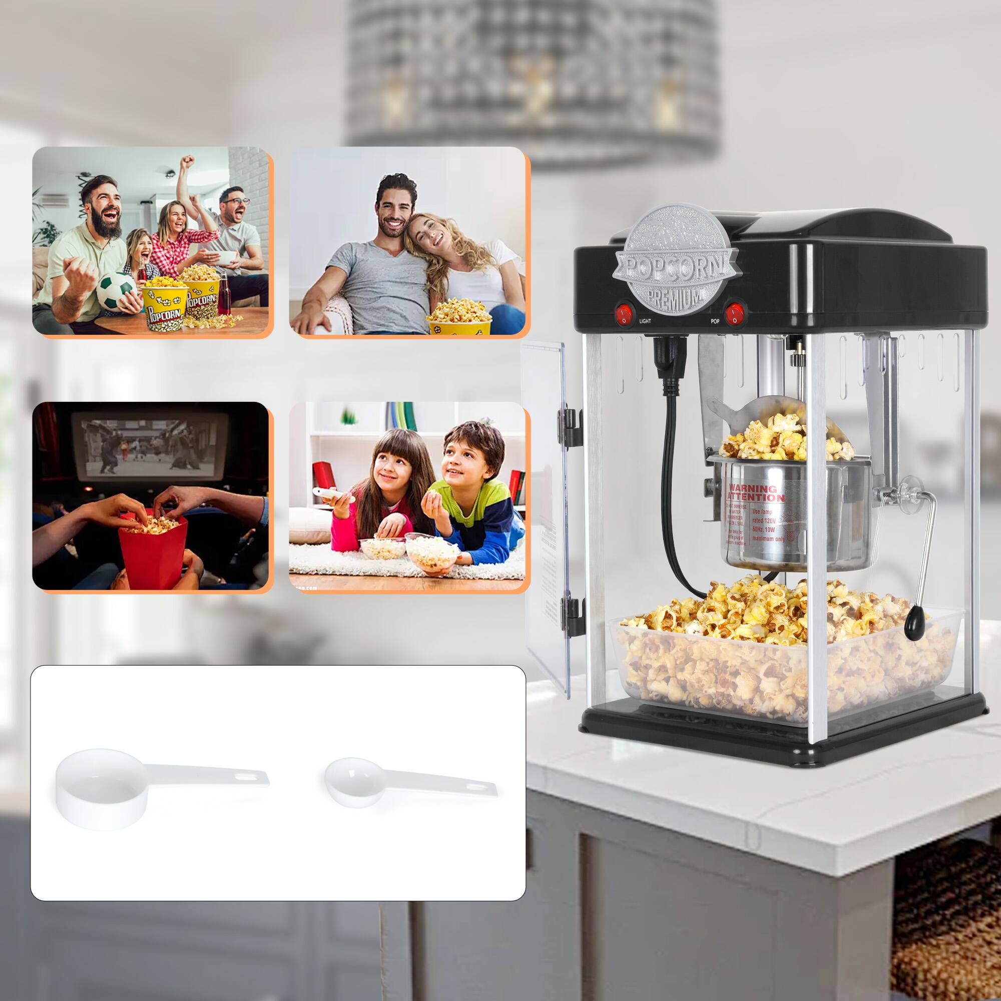 Sure, here is the corrected and grouped text:

---

**POPCORN PREMIUM**

**WARNING:**

- Keep away from children.
- Do not touch the hot surface.
- Do not use if the popcorn is not fully popped.
- Do not leave the machine unattended while in use.

---

**Included:**

- 2 Spoons

---