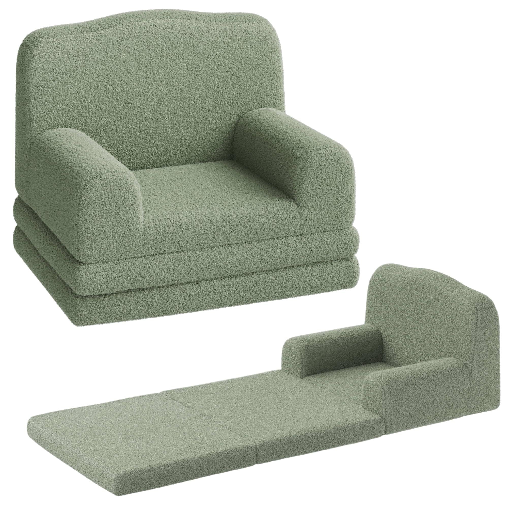 Jojoka - Kids Sofa Chair, Sherpa Convertible Toddler Couch with Washable Cover, Crown Design Comfy - Green
