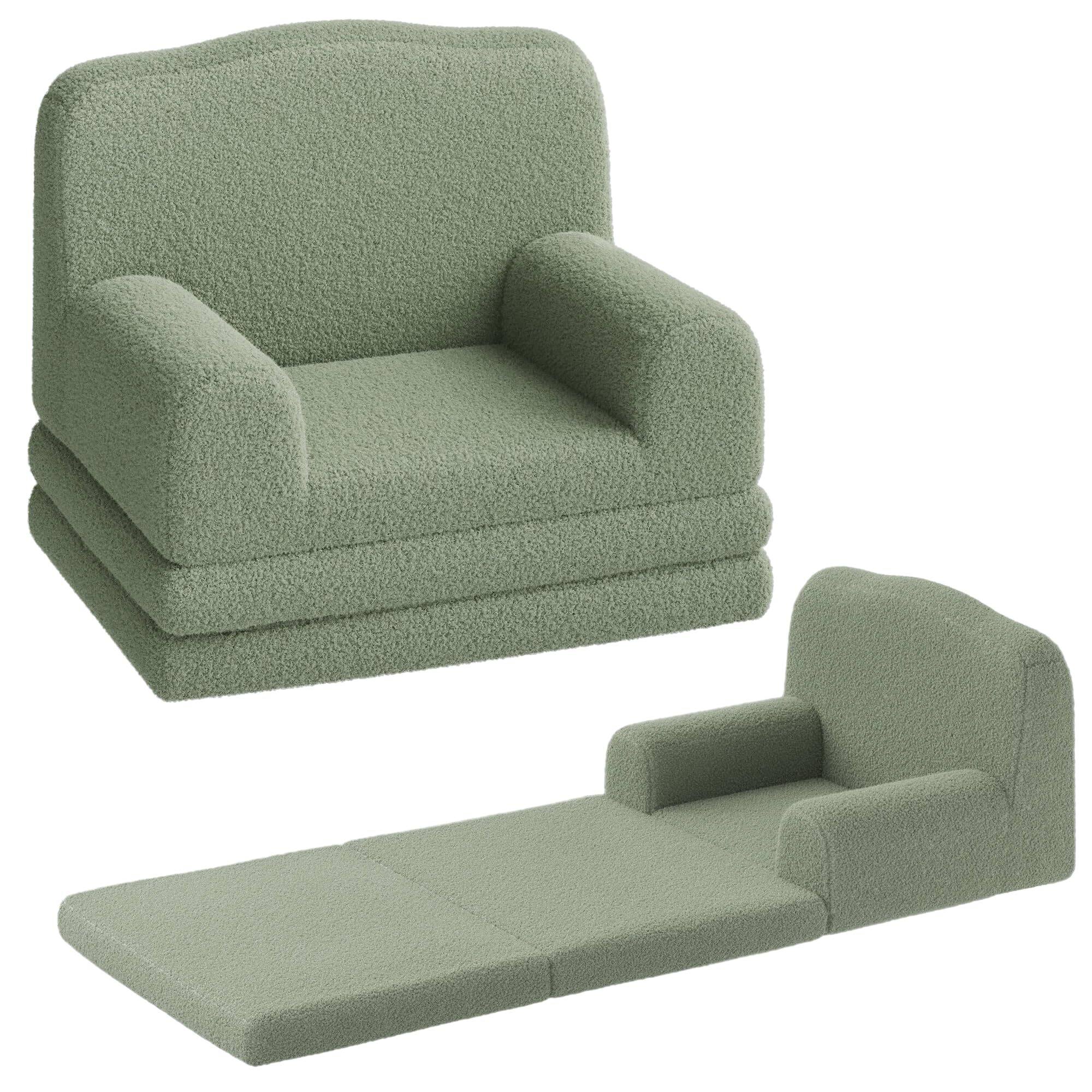 Front. Jojoka - Kids Sofa Chair, Sherpa Convertible Toddler Couch with Washable Cover, Crown Design Comfy - Green.