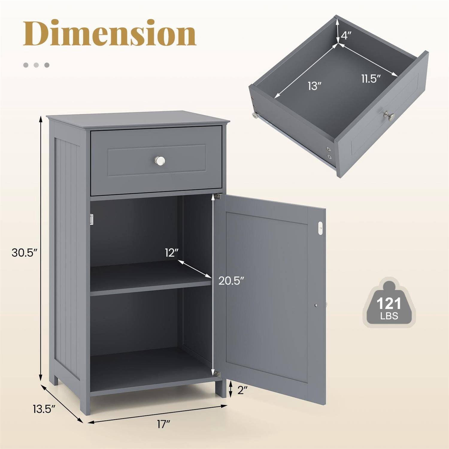 Dimension  
4" x 13" x 11.5"  
30.5" x 12" x 20.5"  
13.5" x 17"  
2"  
121 LBS