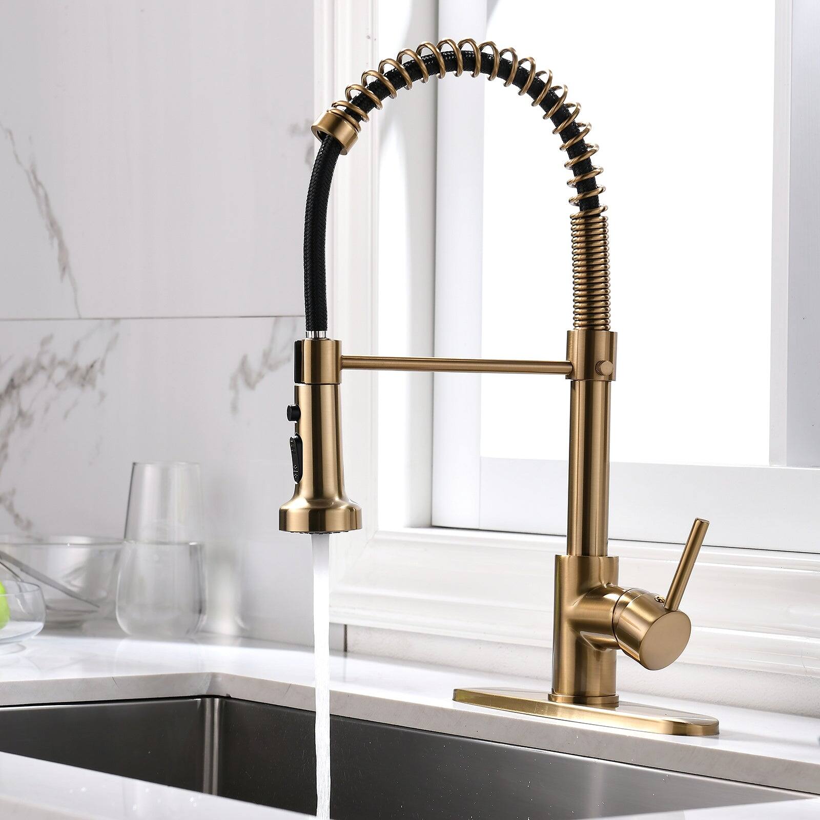 Alt View 3. Boyel Living - Contemporary Single Handle Gooseneck Pull Down Sprayer Kitchen Faucet Brushed Gold - Brushed Gold.