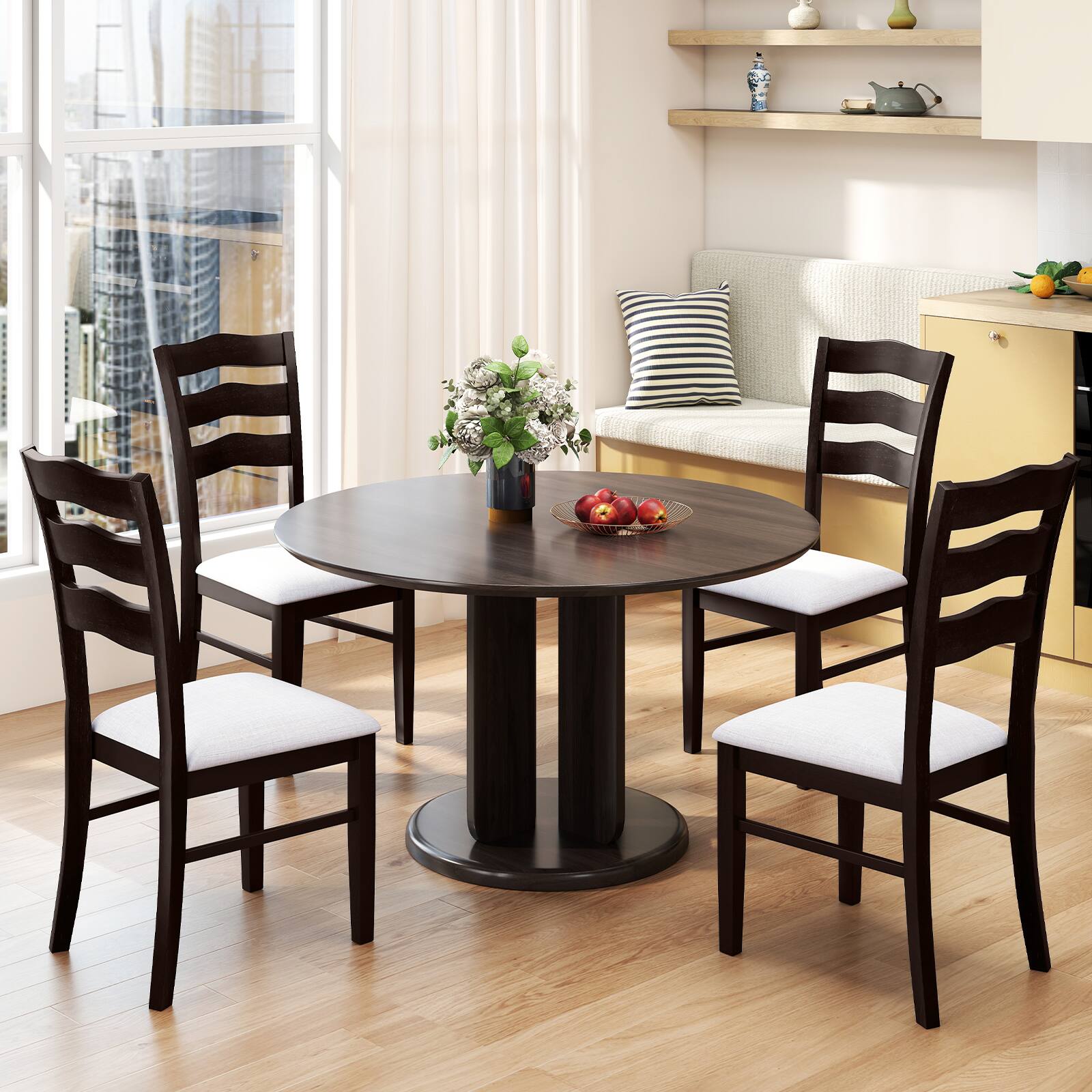 Alt View 1. Gymax - Gymax Dining Chairs Set of 4 Fabric Rubber Wood Legs Padded Seat Wavy Backrest Armless - Gray.