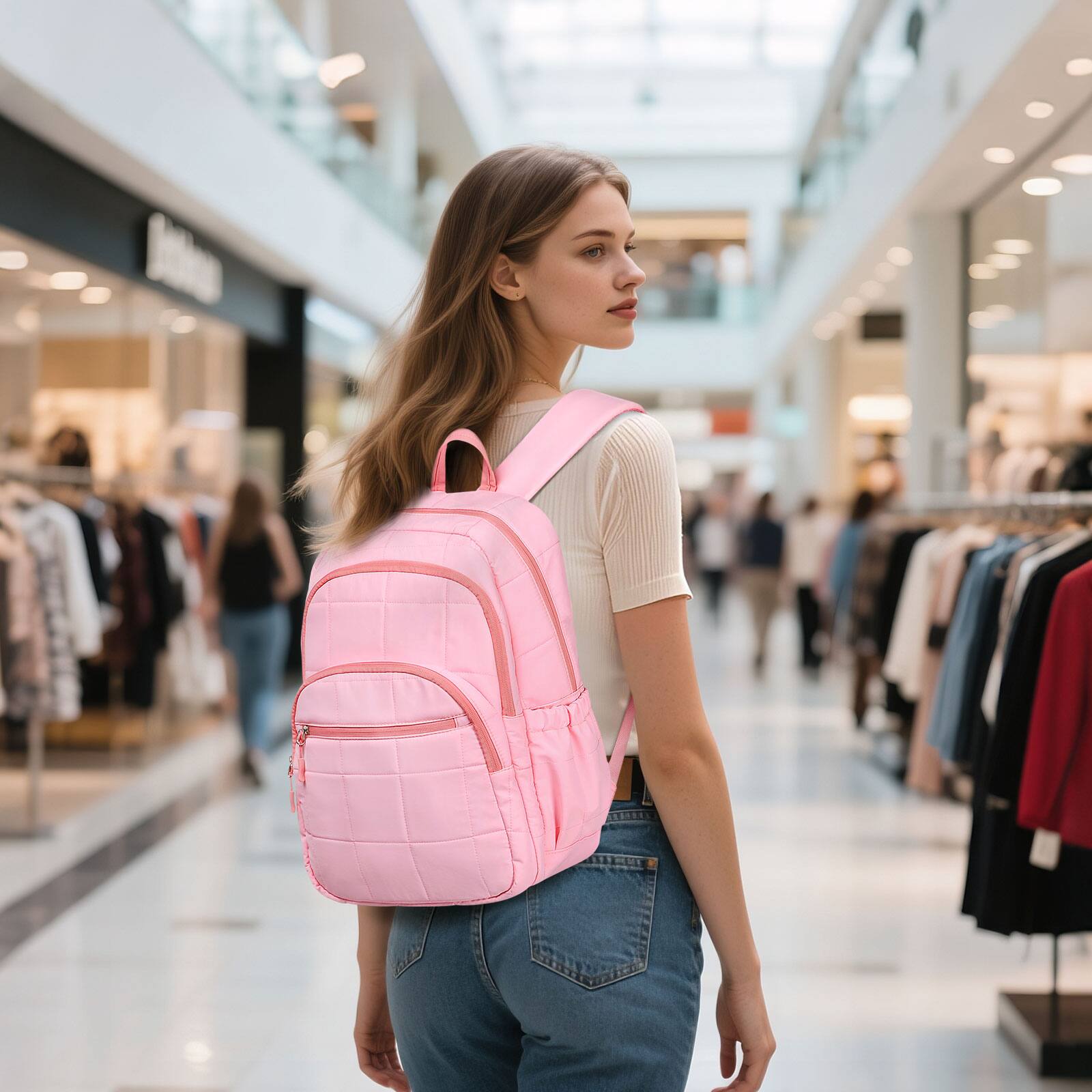 Alt View 6. Unique Bargains - Quilted Laptop Backpack for Women, Casual Work Daypack for 15.6" Laptop, Travel Bag with Luggage Strap - Pink.
