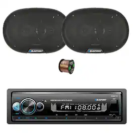 Blaupunkt - IRVINE140 Single DIN USB/SD/AUX Bluetooth MP3 Stereo Receiver, 2x 6x9" 70 Watt Max 4-Way Car Speakers w/ Wire