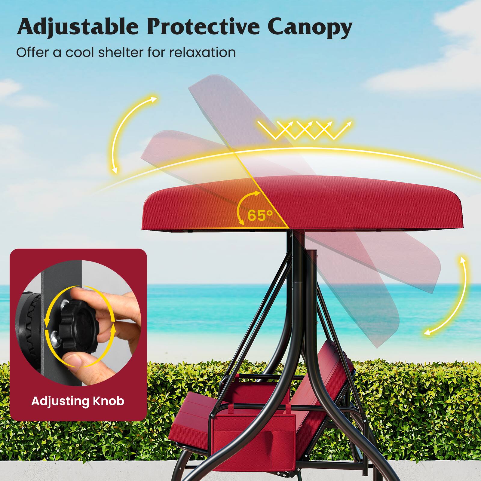 Alt View 1. Gymax - Gymax 3-Seat Patio Swing w/ Canopy & Removable Cushions & Side Pockets Stand Burgundy - Burgundy.