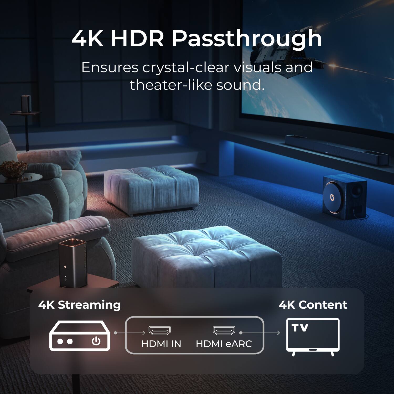 4K HDR Passthrough  
Ensures crystal-clear visuals and theater-like sound.

4K Streaming  
HDMI IN  
HDMI eARC

4K Content  
TV