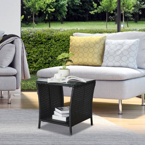 Alt View 10. Winado - 18in Wicker Side Table with Tempered Glass Top, Storage Rattan End Table for Indoor Outdoor Garden Balcony Porch Deck - Black.