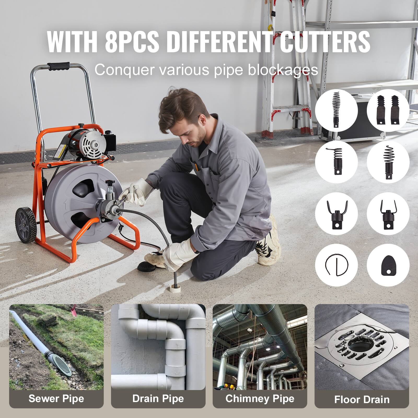 WITH 8PCS DIFFERENT CUTTERS
Conquer various pipe blockages
Sewer Pipe
Drain Pipe
Chimney Pipe
Floor Drain