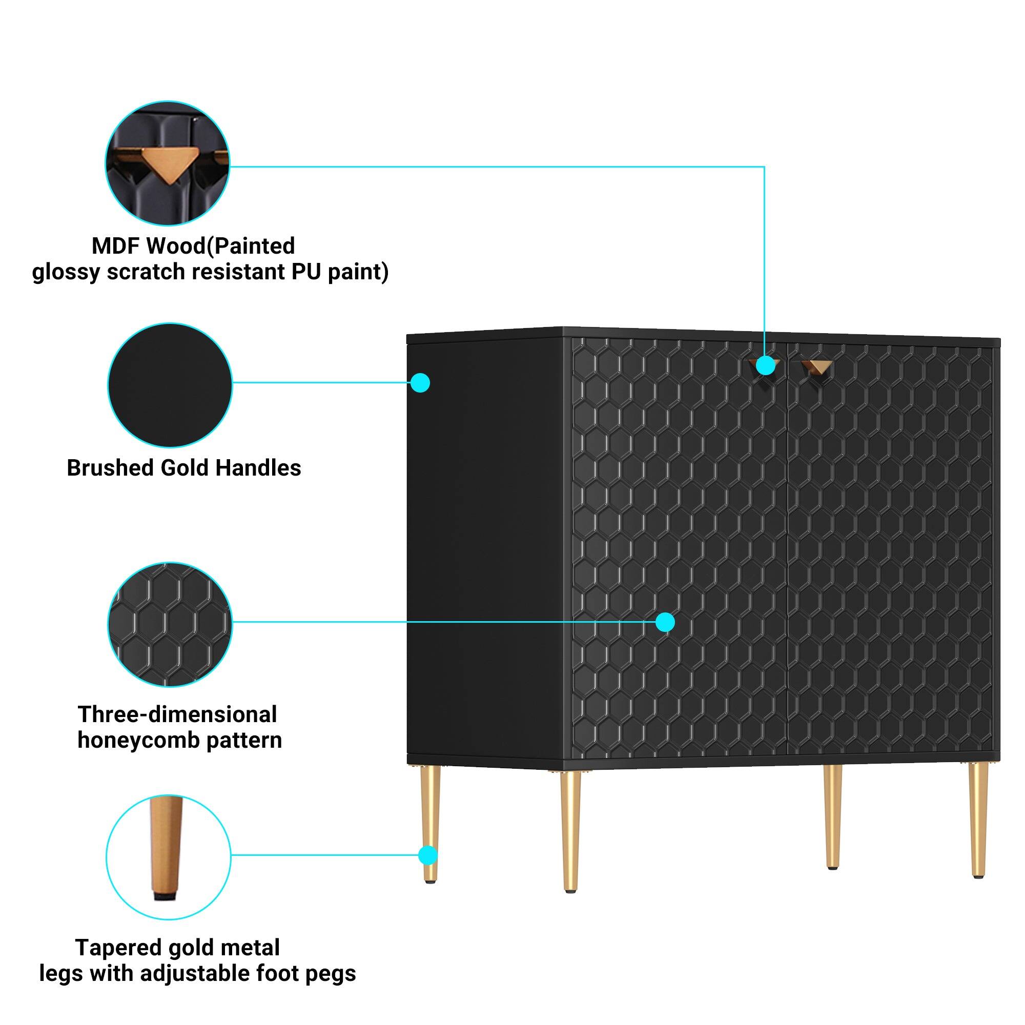 MDF Wood(Painted glossy scratch resistant PU paint) Brushed Gold Handles Three-dimensional honeycomb pattern Tapered gold metal legs with adjustable foot pegs