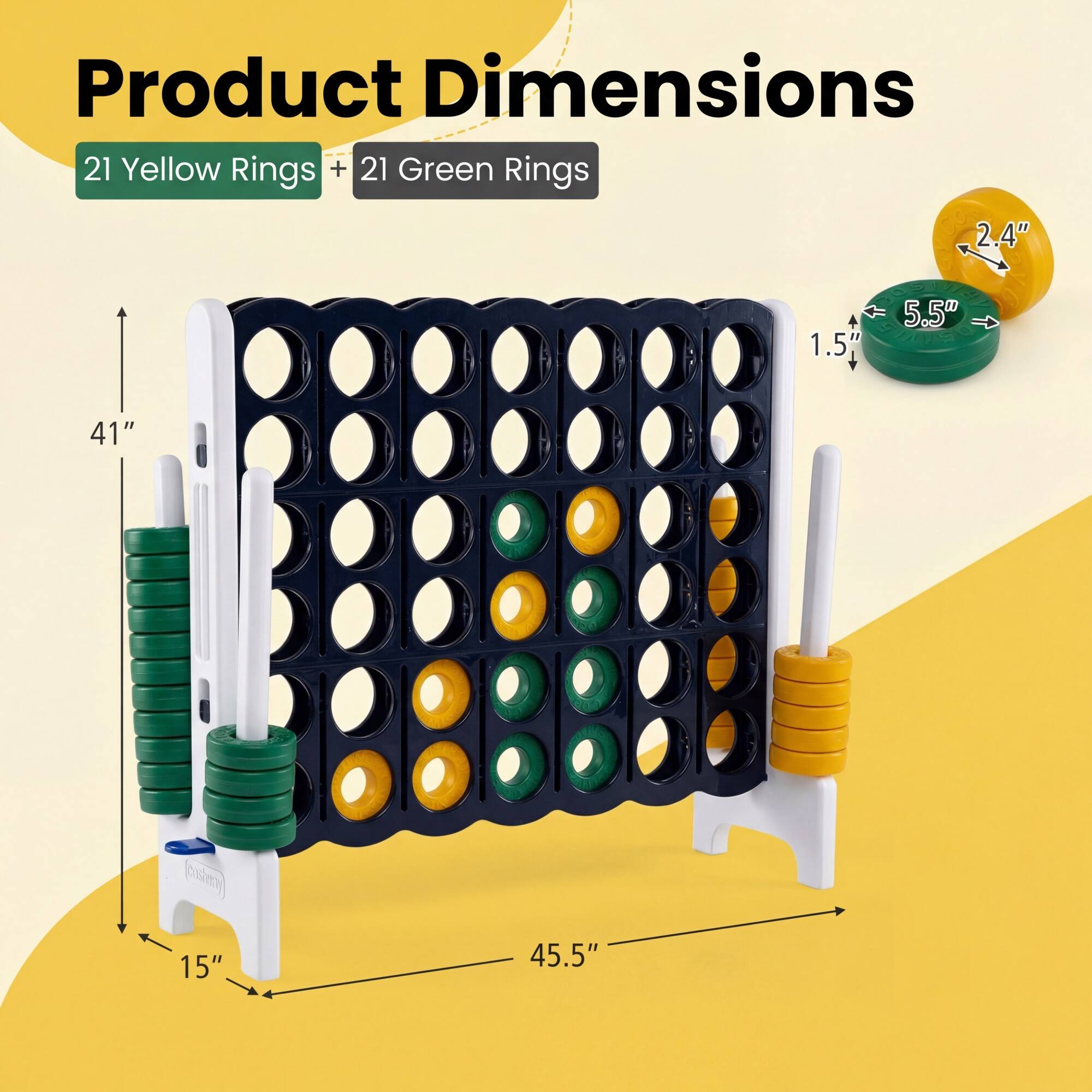 Product Dimensions  
21 Yellow Rings + 21 Green Rings  
2.4"  
1.5"  
5.5"  
41"  
15"  
45.5"