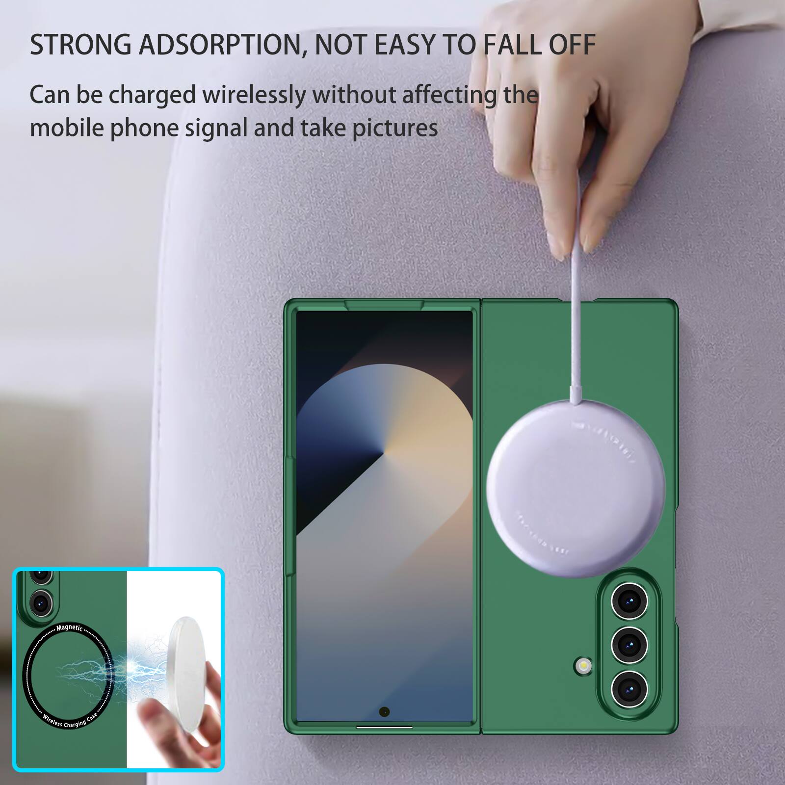 STRONG ADSORPTION, NOT EASY TO FALL OFF  
Can be charged wirelessly without affecting the mobile phone signal and take pictures