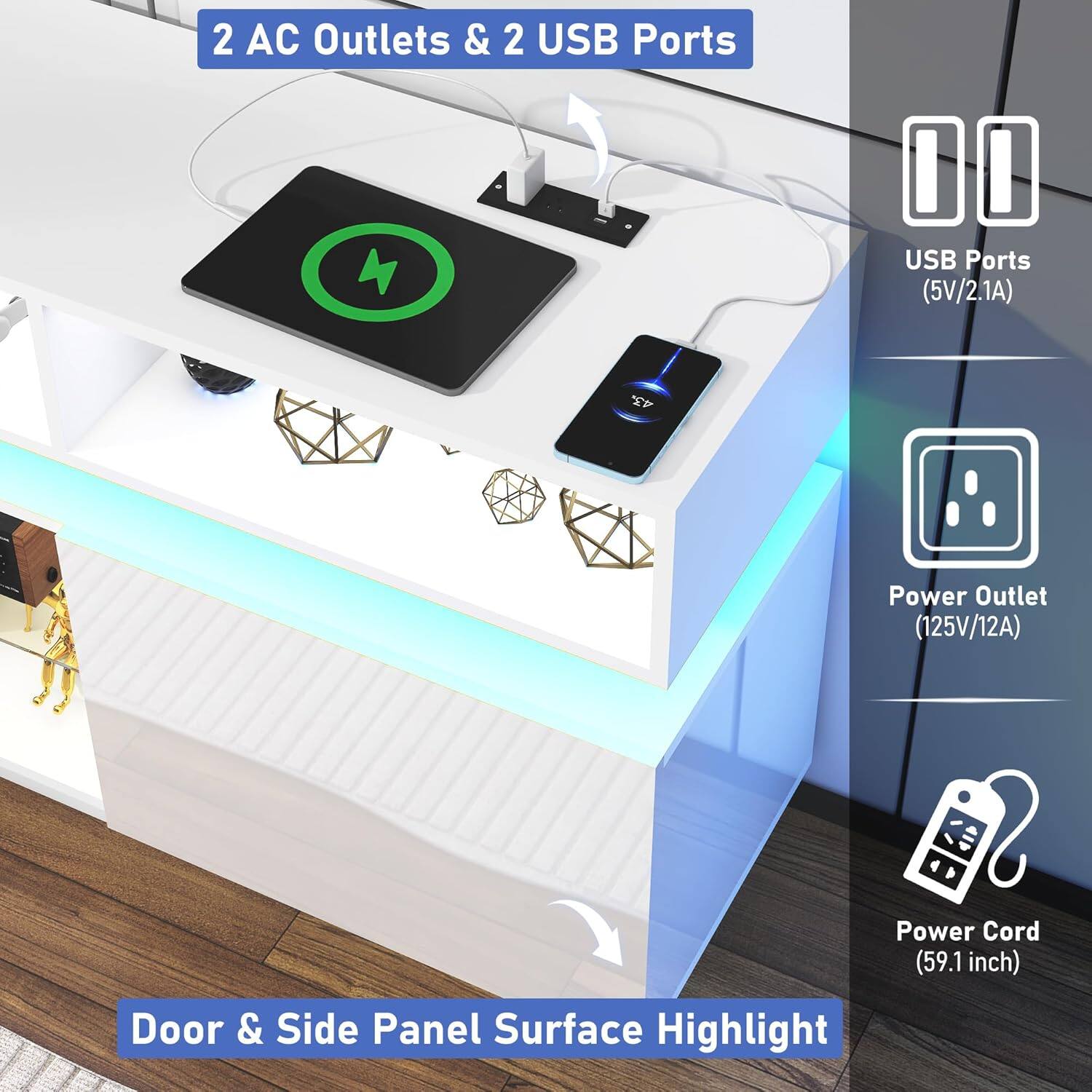 2 AC Outlets & 2 USB Ports  
USB Ports (5V/2.1A)  
Power Outlet (125V/12A)  
Power Cord (59.1 inch)  
Door & Side Panel Surface Highlight