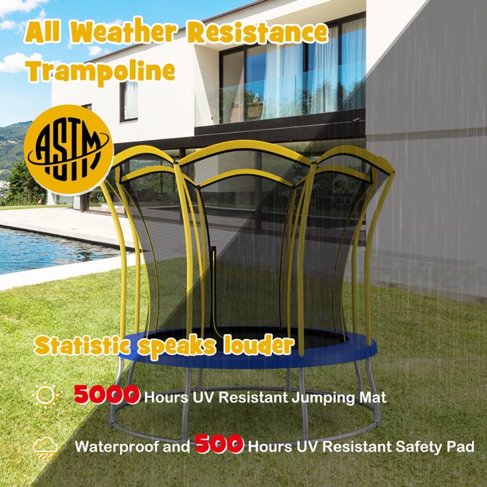 All Weather Resistance Trampoline

Statistic speaks louder

- 5000 Hours UV Resistant Jumping Mat
- Waterproof and 500 Hours UV Resistant Safety Pad