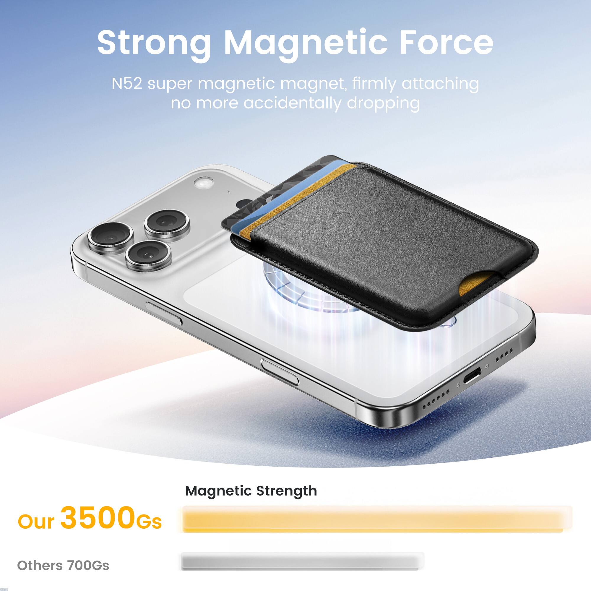 Strong Magnetic Force  
N52 super magnetic magnet, firmly attaching no more accidentally dropping  

Magnetic Strength  
Our 3500Gs  
Others 700Gs