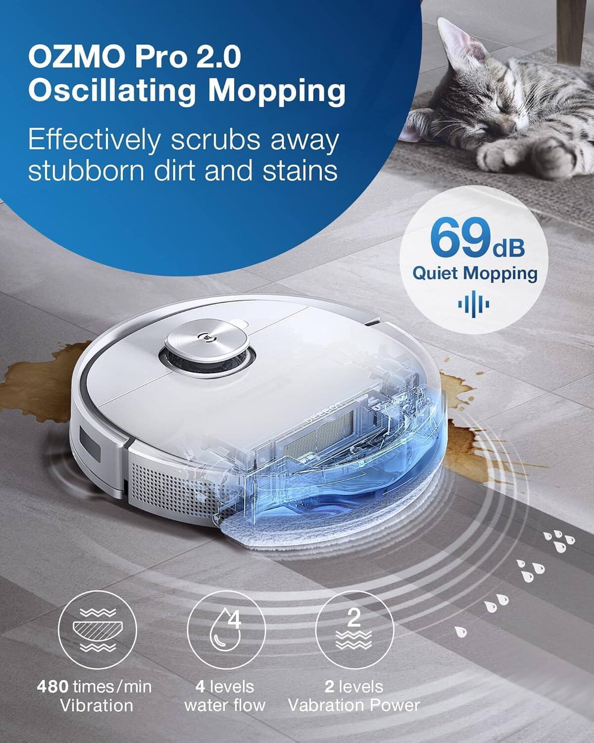 OZMO Pro 2.0 Oscillating Mopping  
Effectively scrubs away stubborn dirt and stains  

69 dB Quiet Mopping  

480 times/min Vibration  
4 levels water flow  
2 levels Vibration Power