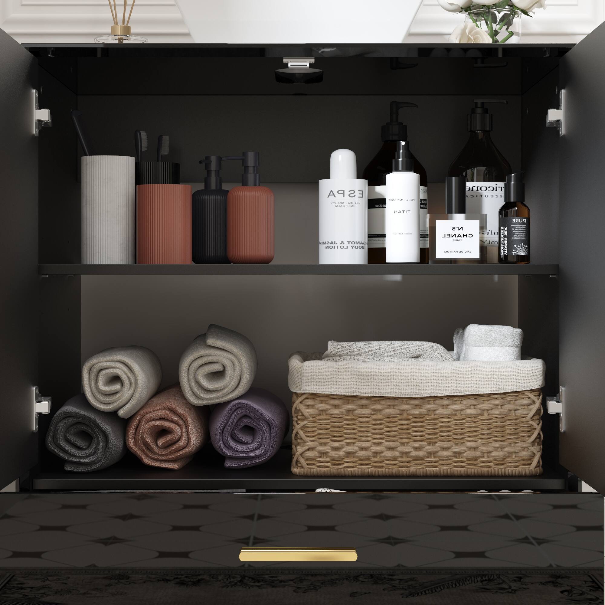 Sure, here is the corrected and grouped text from the image:

---

**Top Shelf:**
- ESPA
- MATIT
- UIODLL
- A. - TOND TOLDM YOCE

**Middle Shelf:**
- ESPA
- TONAL & TONAL
- BODY LOTION
- MATIT
- CHANEL
- NATURE BE U

**Bottom Shelf:**
- (No visible text)

---

This text appears to be a mix of brand names, product names, and possibly some decorative or placeholder text.