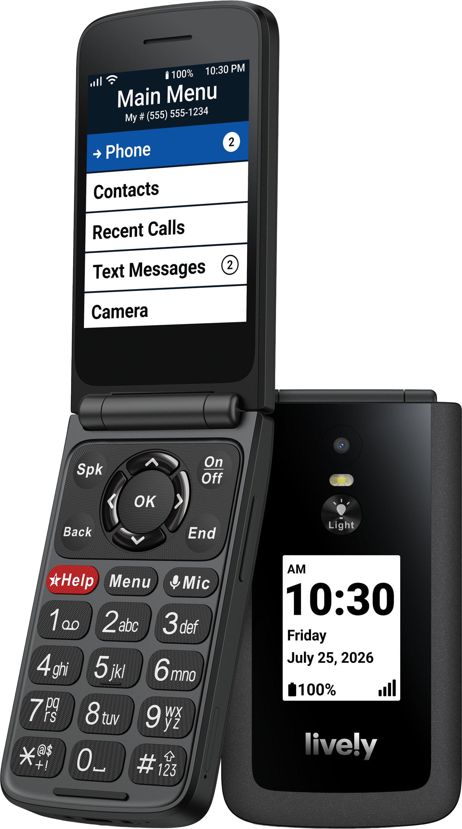 10:30 PM  
100%  
Main Menu  
My Phone # (555) 555-1234  
Phone  
Contacts  
Recent Calls  
Text Messages (2)  
Camera  

Spk  
OK  
Back  
End  
Light  
Help  
Menu  
Mic  

1 abc  
2 def  
3 ghi  
4 jkl  
5 mno  
6 pq rs  
7 tuv  
8 yz  
9  
0  
# 123  

AM  
10:30  
Friday  
July 25, 2026  
100%  
lively
