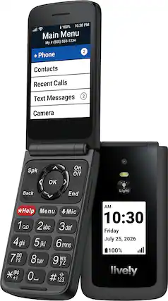 10:30 PM
100%
Main Menu
My Phone # (555) 555-1234
Phone
Contacts
Recent Calls
Text Messages (2)
Camera
Spk
OK
Back
End
Light
Help
Menu
Mic
1 abc
2 def
3 ghi
4 jkl
5 mno
6 pq rs
7 tuv
8 yz
9
0
# 123
AM
10:30
Friday
July 25, 2026
100%
lively