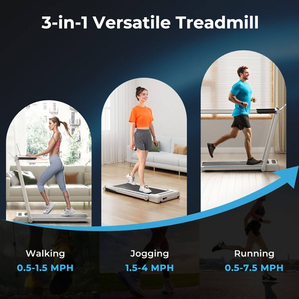 3-in-1 Versatile Treadmill

Walking
0.5-1.5 MPH

Jogging
1.5-4 MPH

Running
0.5-7.5 MPH