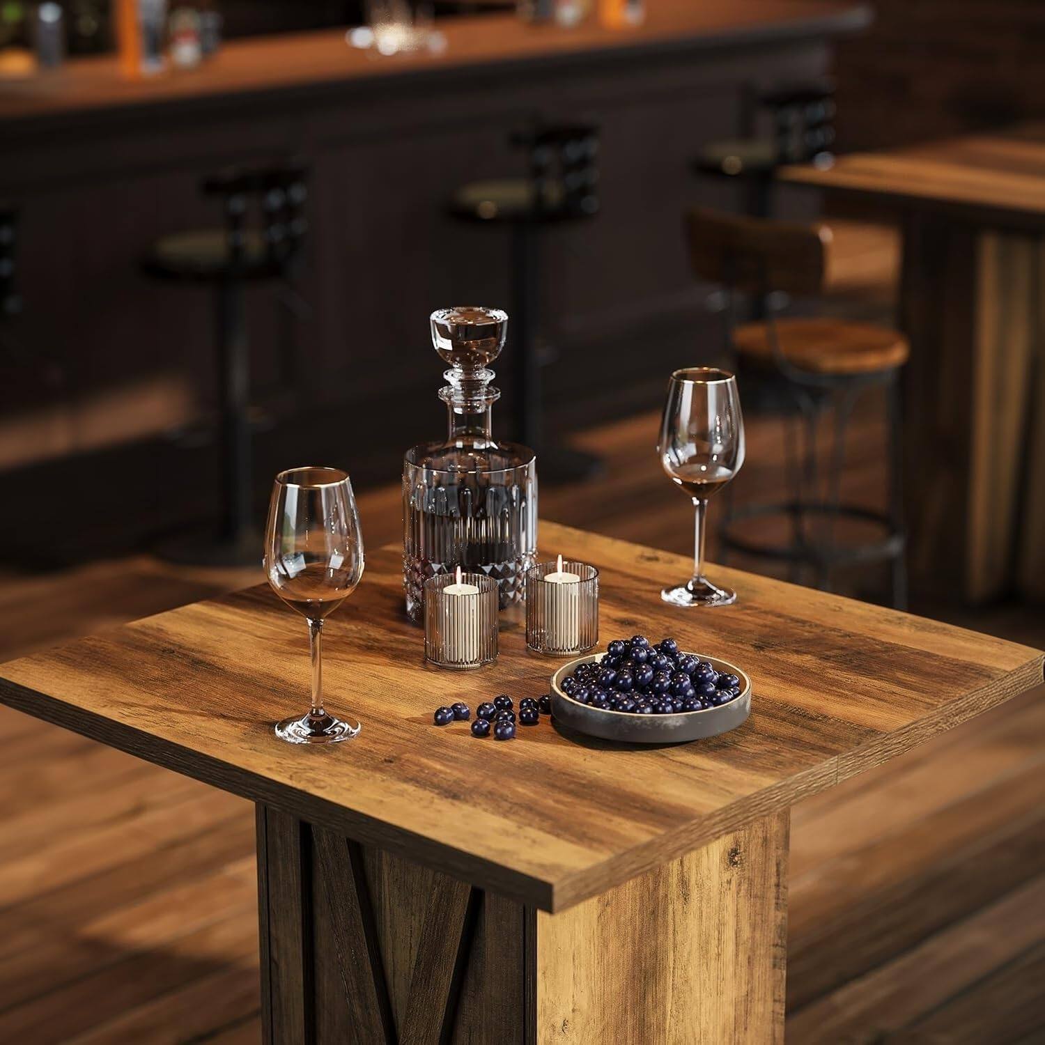 Alt View 3. Tribesigns - 31.5-Inch Square Counter-Height Bar Table with 3-Tier Storage Cabinet and X-Pattern Doors - Rustic Brown.