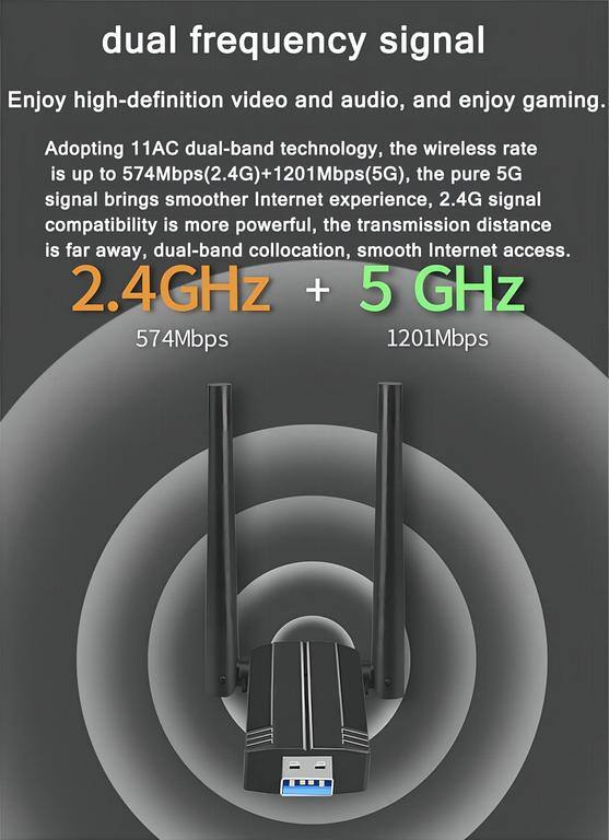 **Dual Frequency Signal**

Enjoy high-definition video and audio, and enjoy gaming.

Adopting 11AC dual-band technology, the wireless rate is up to 574Mbps(2.4G) + 1201Mbps(5G), the pure 5G signal brings smoother Internet experience, 2.4G signal compatibility is more powerful, the transmission distance is far away, dual-band collocation, smooth Internet access.

**2.4GHz**  
574Mbps

**+**

**5GHz**  
1201Mbps
