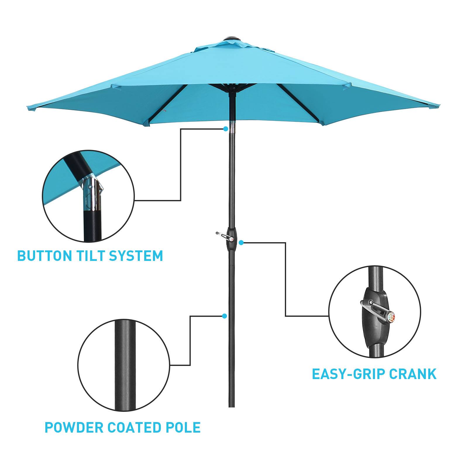 BUTTON TILT SYSTEM  
EASY-GRIP CRANK  
POWDER COATED POLE