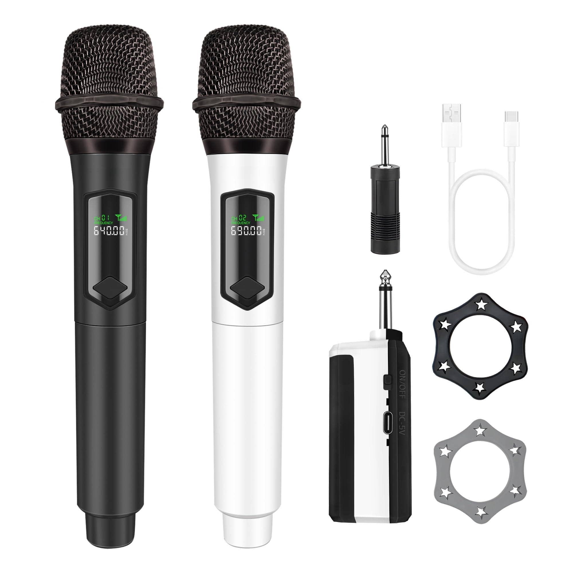 Reds Spade - Microphone dual handheld cordless dynamic mic system with rechargeable receiver ft karaoke set for singing - Black&White