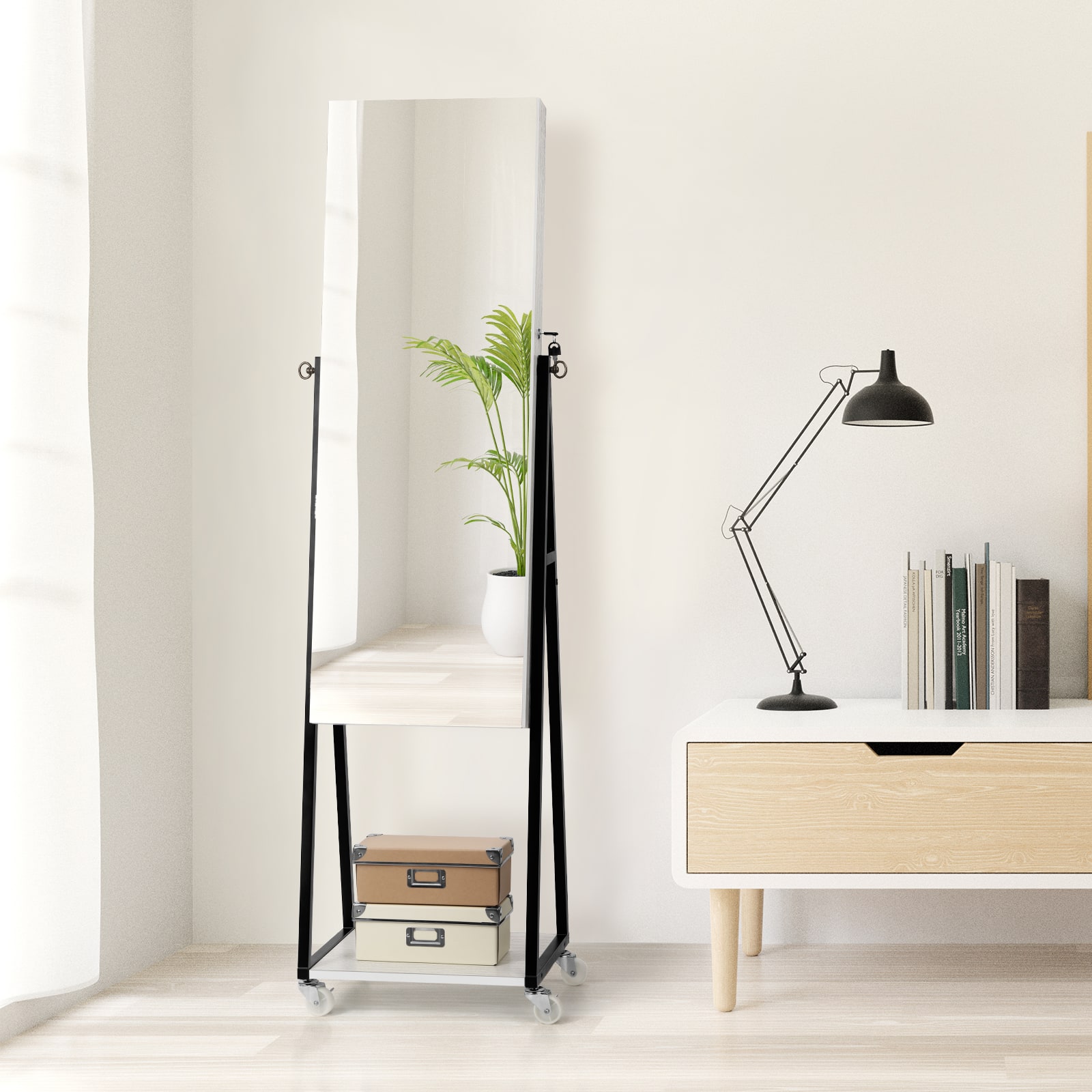 Oumilen - Rolling Jewelry Armoire with Full-Length Mirror & Lockable Storage - White