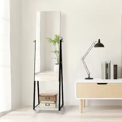 Front. Oumilen - Rolling Jewelry Armoire with Full-Length Mirror & Lockable Storage - White.