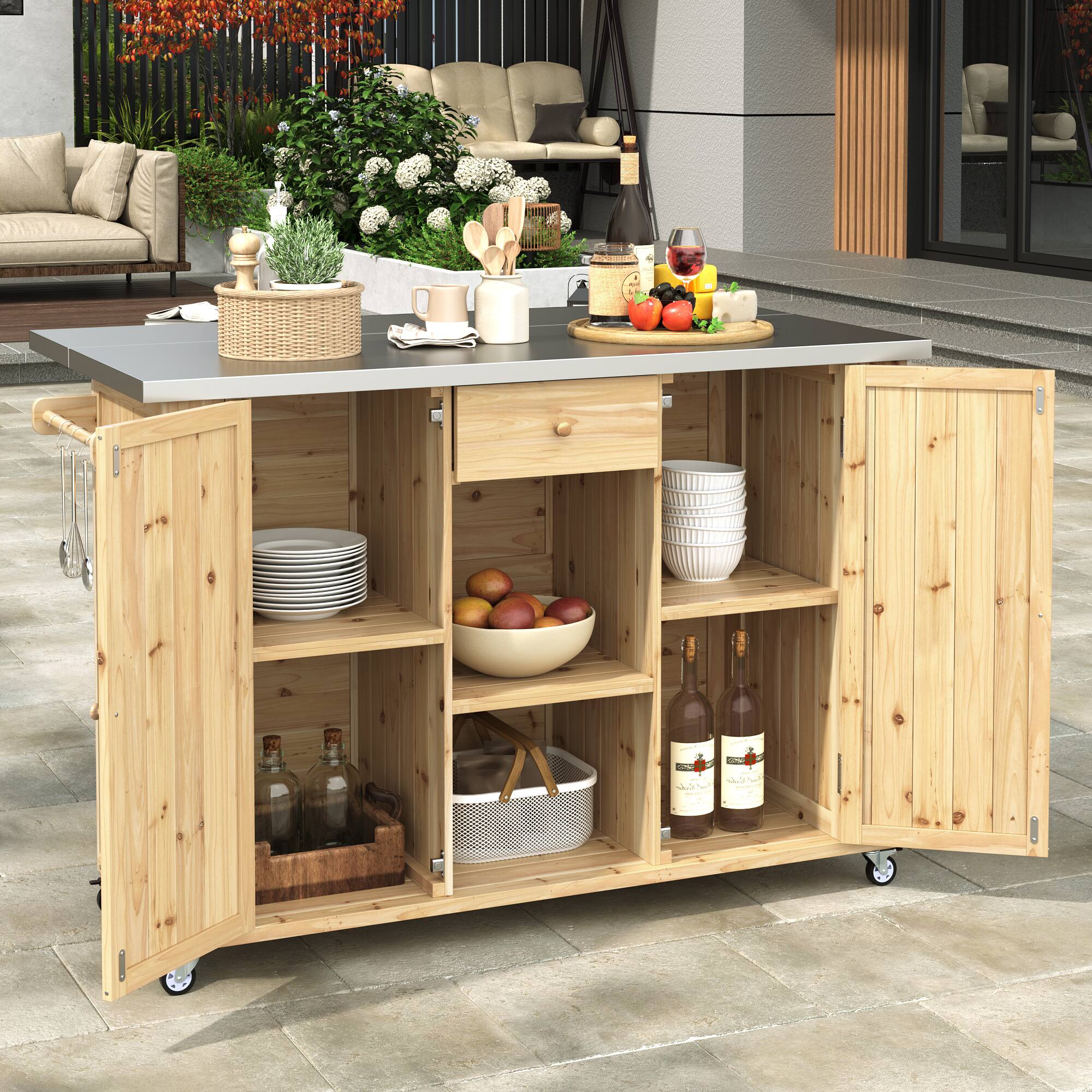Angle. Mondawe - Fir Wood Outdoor Kitchen Island with Stainless Steel Top, Towel and Spice Racks and a Bottle Opener - Natural Wood.