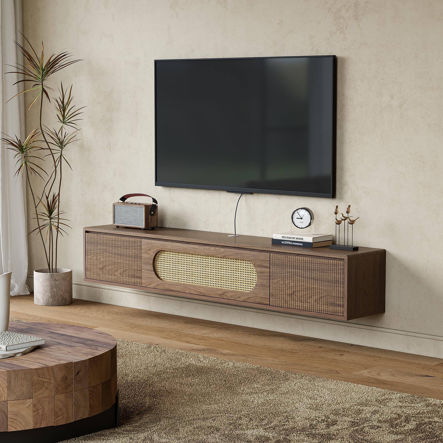 Alt View 8. Tribesigns - LITTLE TREE 71'' Floating TV Stand Wall Mounted, Large Floating TV Stand, Fluted Floating Shelf for Under TV, Modern Med - Rustic Brown.