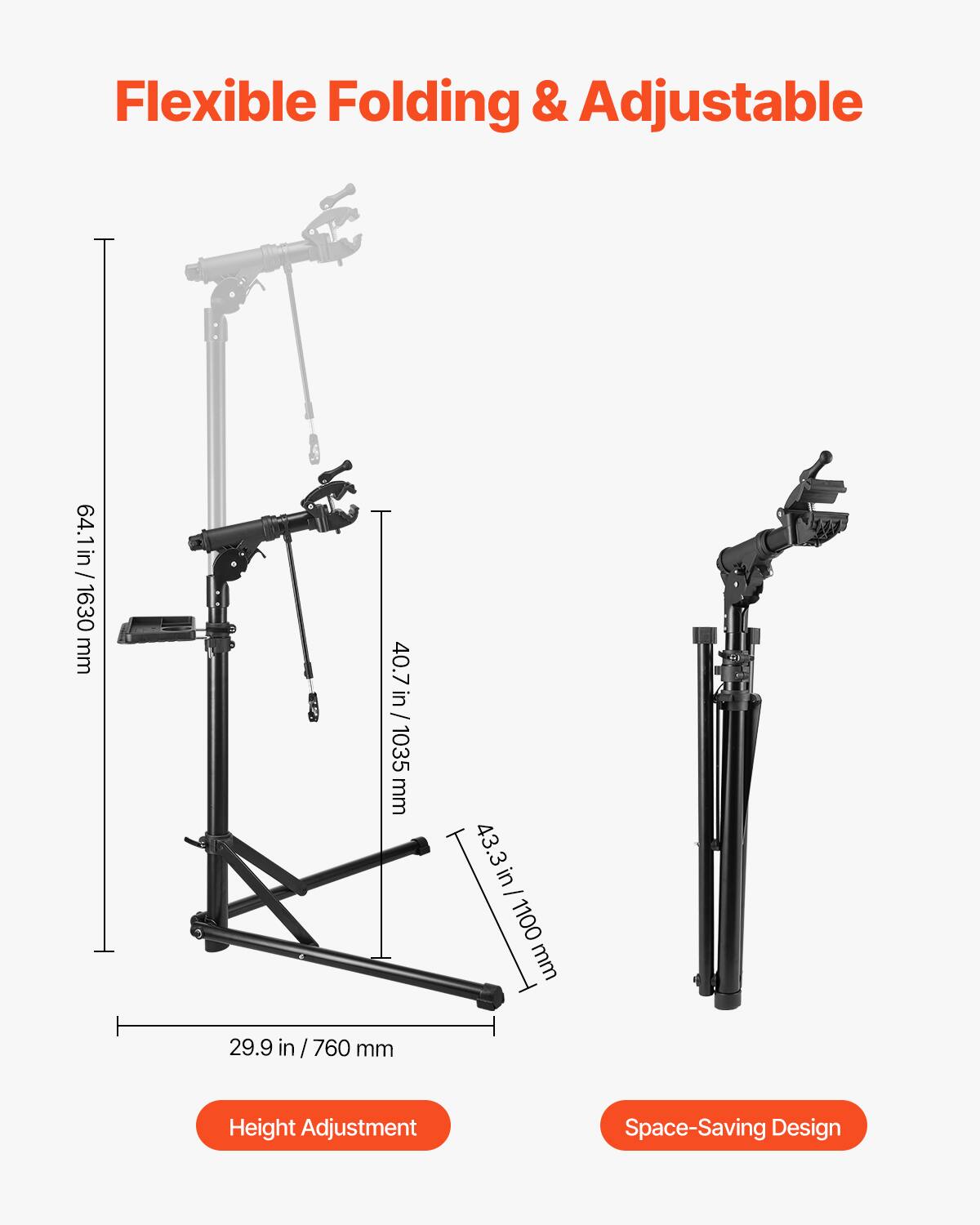 Flexible Folding & Adjustable

- 64.1 in / 1630 mm
- 40.7 in / 1035 mm
- 43.3 in - 1100 mm
- 29.9 in / 760 mm

Height Adjustment
Space-Saving Design