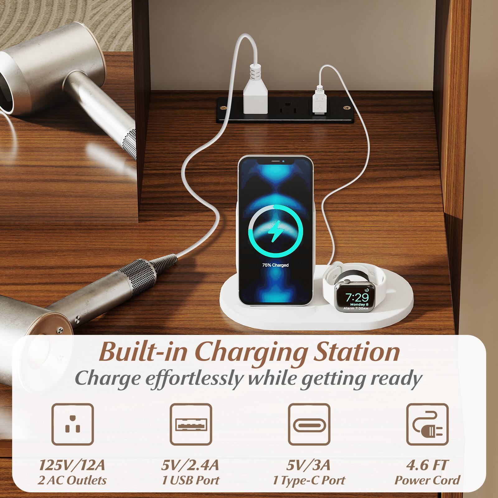 75% Charged  
7:29  
Monday, 8  

Built-in Charging Station  
Charge effortlessly while getting ready  

125V/12A  
2 AC Outlets  

5V/2.4A  
1 USB Port  

5V/3A  
1 Type-C Port  

4.6 FT Power Cord