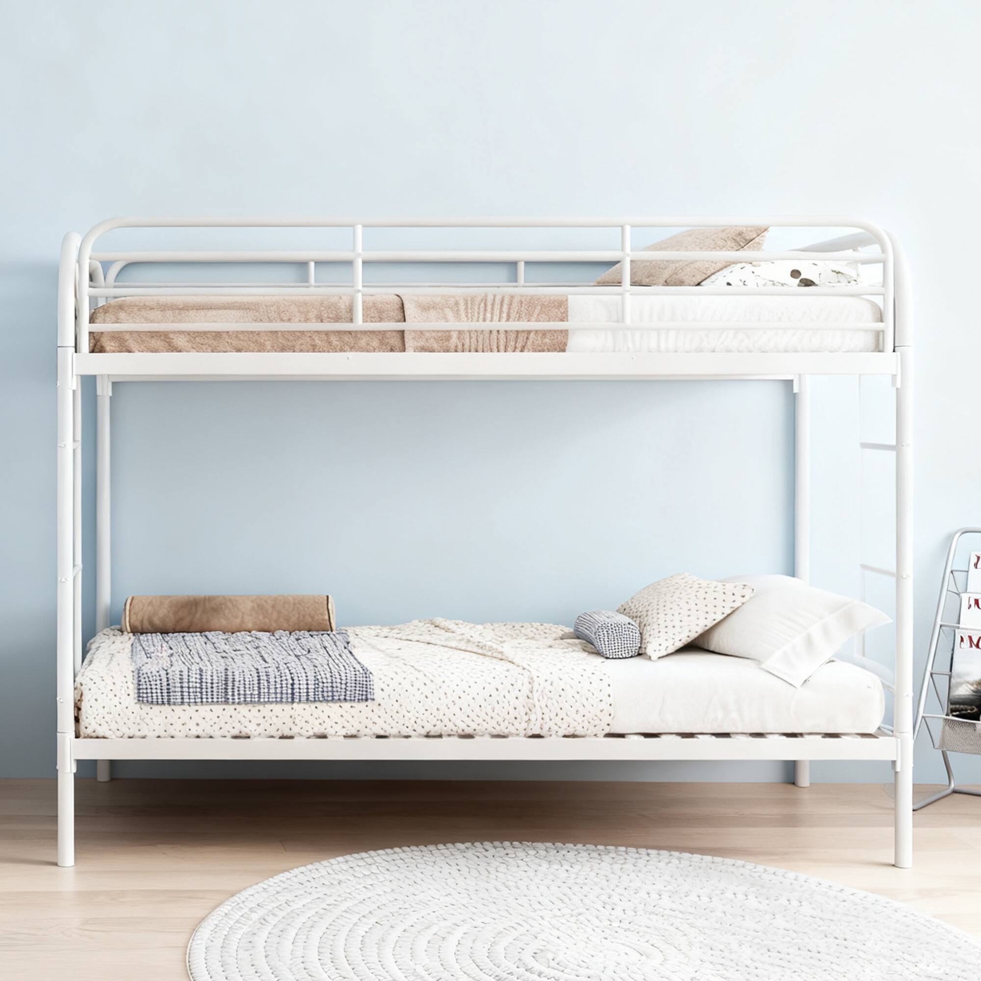 Back. GOODSILO - Heavy Duty Twin Over Twin Metal Bunk Bed with Dual Ladders and Full-Length Safety Rails - White.