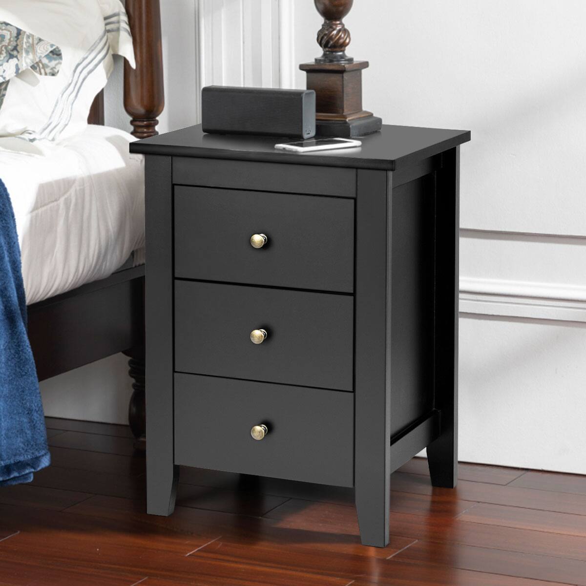Alt View 12. Costway - Nightstand End Beside Sofa Table Cabinet with  3 Drawers Bedroom Furniture - Black.