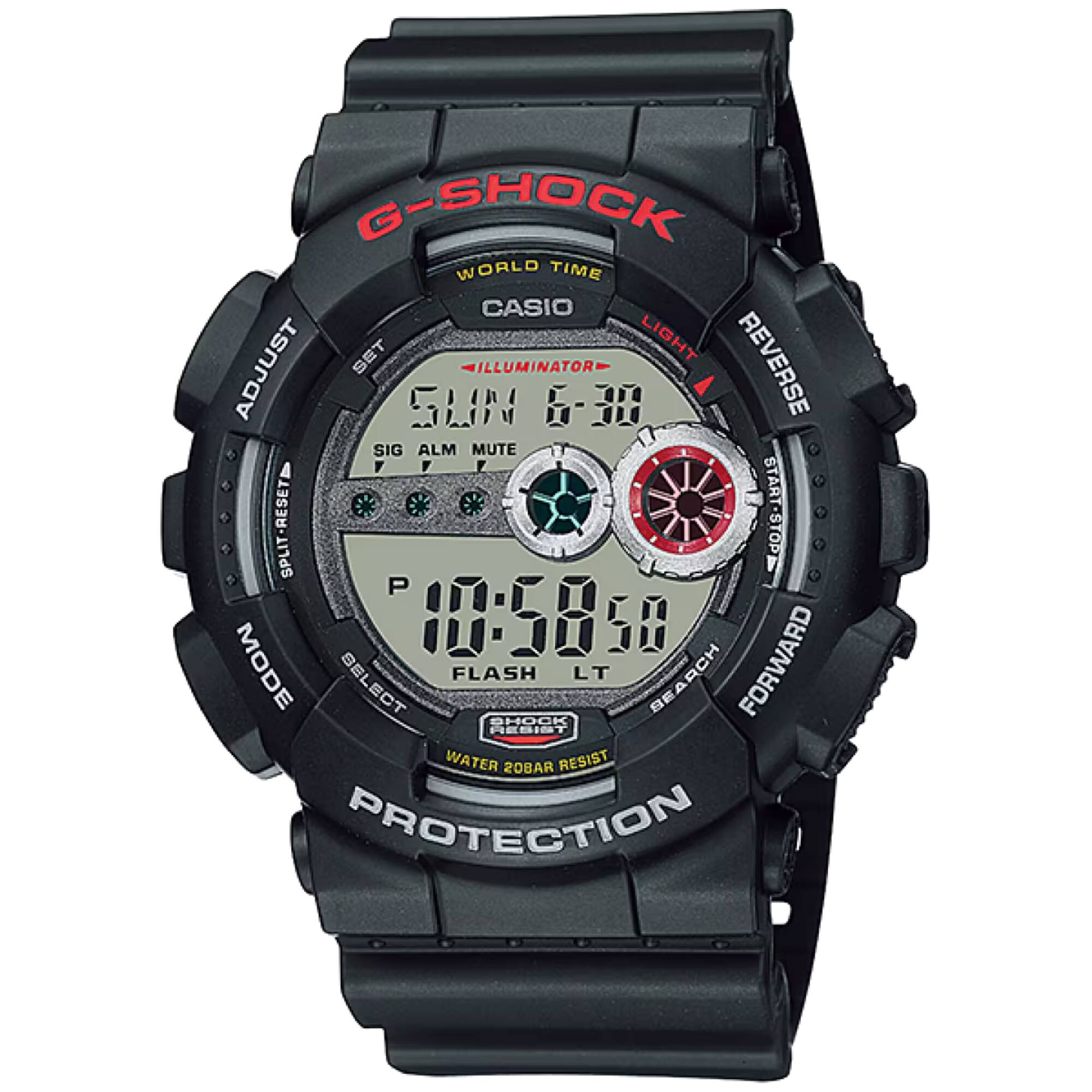 G-SHOCK WORLD TIME CASIO SET LIGHT REVERSE ADJUST ILLUMINATOR SLIN4 63 SIG ALM MUTE START SPLIT-RESET SPLIT START-STOP P 1:5850 MODE SELECT FLASH SHOCK LT BEACH SEA A RCH FORWARD RESIST WATER 20BAR RESIST PROTECTION