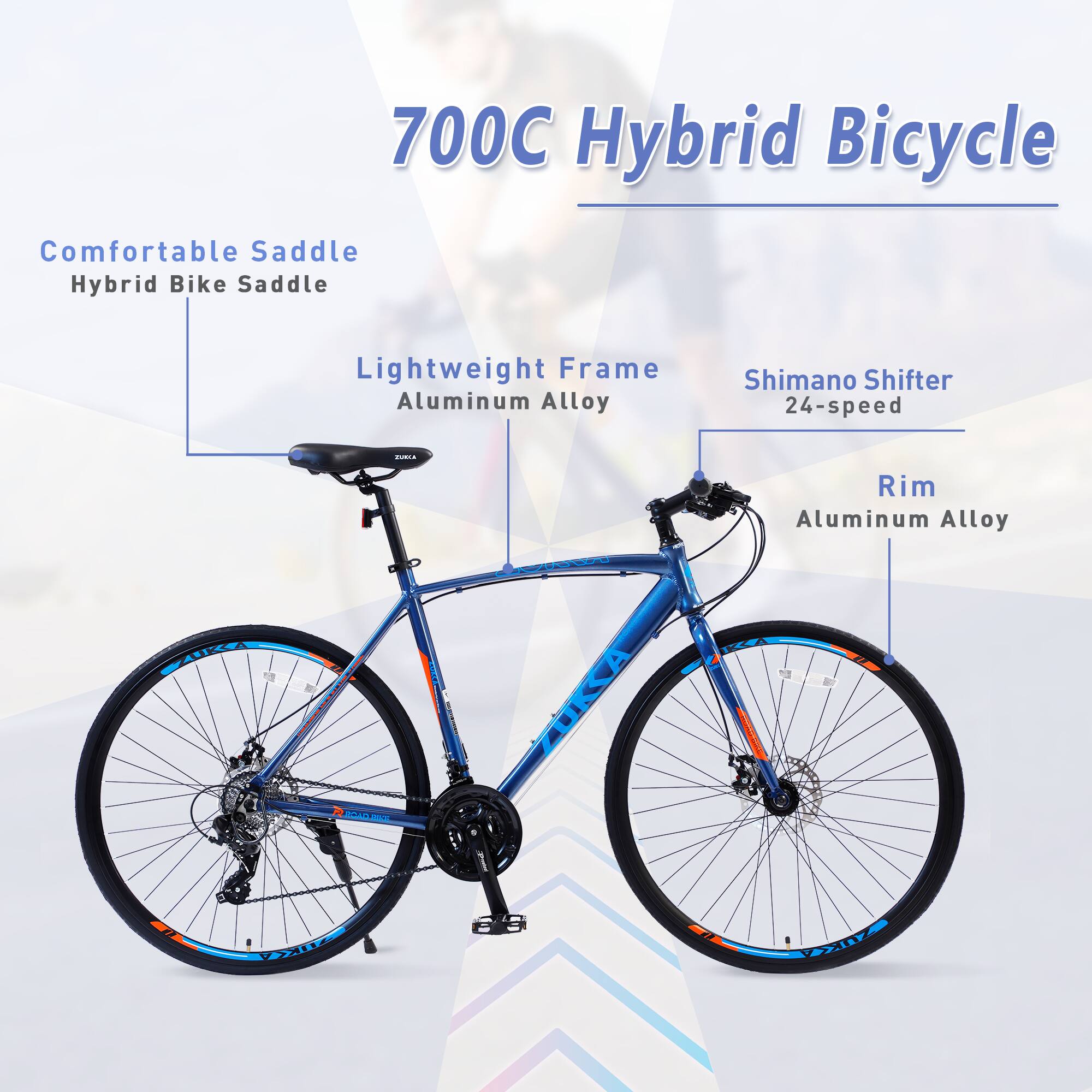 700C Hybrid Bicycle

- Comfortable Saddle
- Hybrid Bike Saddle
- Lightweight Frame
- Aluminum Alloy
- Shimano Shifter
- 24-speed
- Rim
- Aluminum Alloy