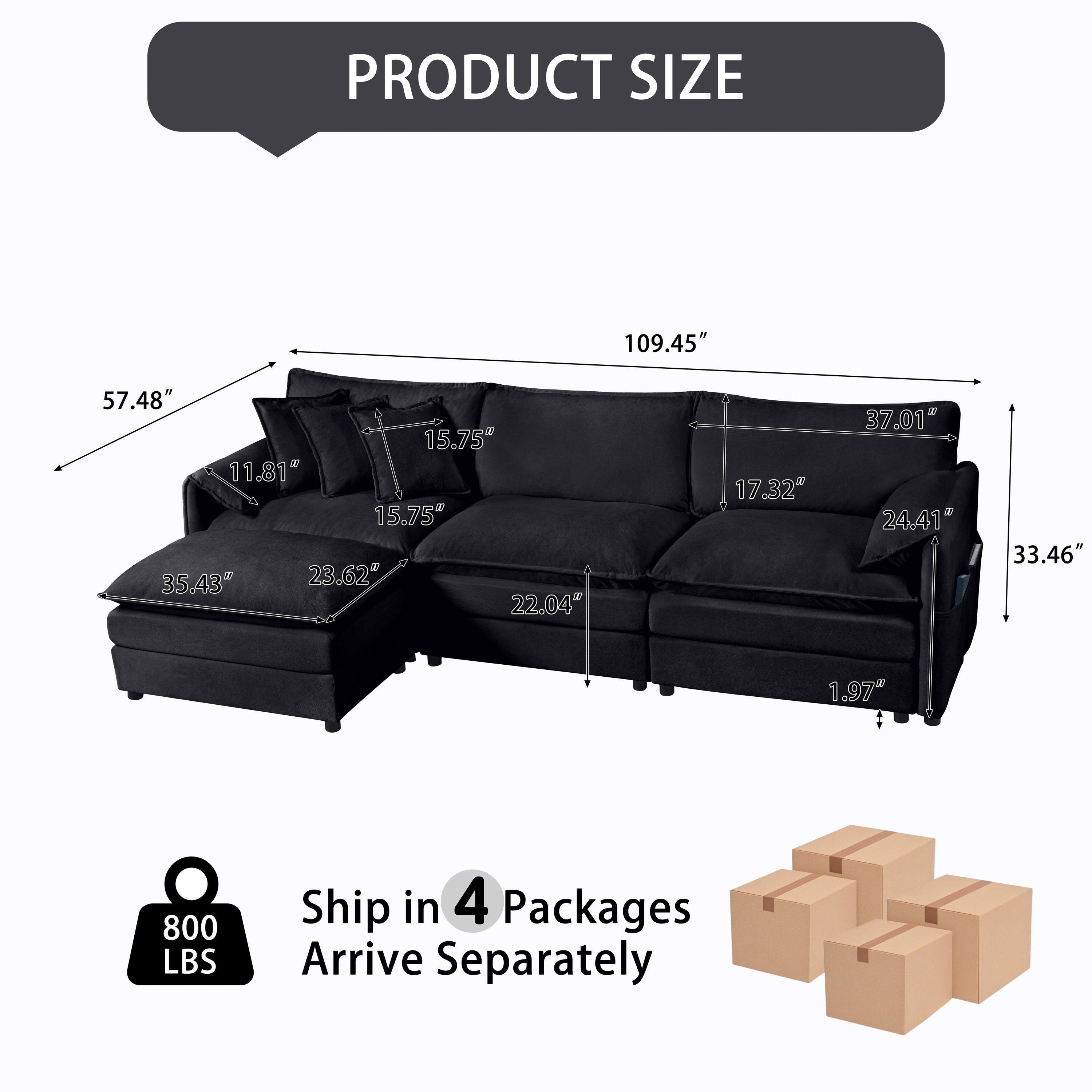 PRODUCT SIZE  
109.45" x 57.48" x 15.75"  
11.81" x 15.75" x 35.43"  
23.62" x 22.04" x 17.32"  
37.01" x 24.41" x 33.46"  
1.97"  
800 LBS  
Ship in 4 Packages  
Arrive Separately