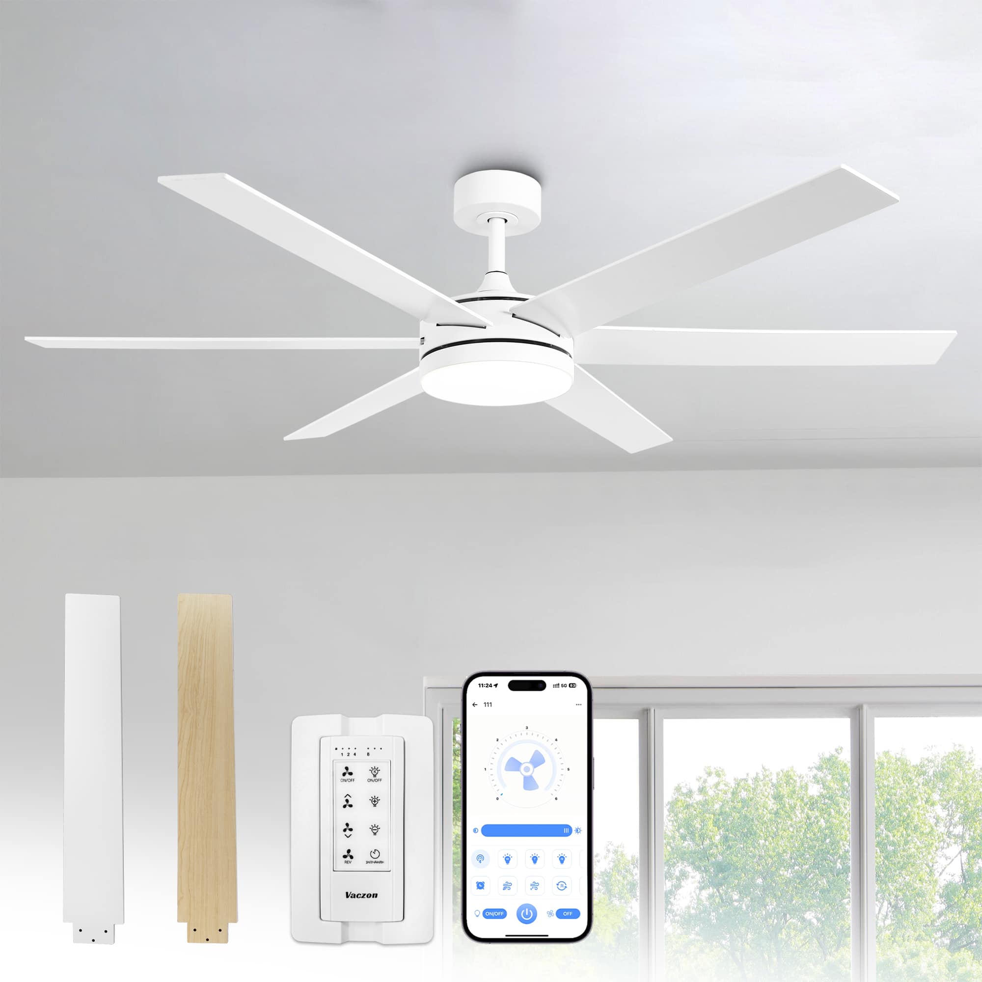 Vaczon - 60" Modern 3CCT Integrated LED Ceiling Fan with Remote and APP - White
